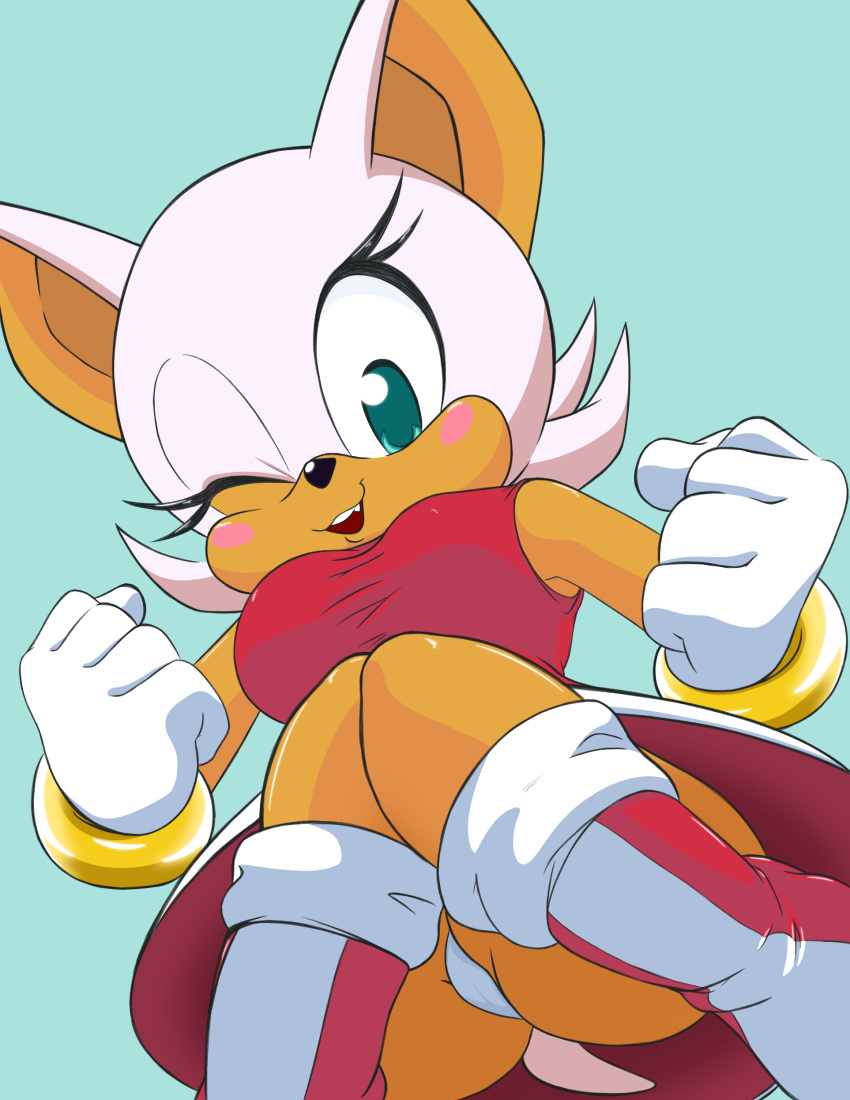 2020 absurd_res alternate_costume amy_rose anthro chiropteran chubby_cheeks clothing crossover dress female four-pundo gloves handwear hi_res looking_at_viewer low-angle_view mammal one_eye_closed open_mouth open_smile panties red_clothing red_dress rouge_the_bat smile solo sonic_the_hedgehog_(series) underwear upskirt white_panties wink