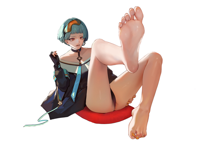 1girl absurdres bare_shoulders barefoot black_gloves black_panties blue_hair commentary earrings english_commentary feet fingerless_gloves foot_focus girls_frontline gloves goggles goggles_on_head highres jewelry long_sleeves nail_polish open_mouth orange_eyes panties rocher-hd short_hair single_earring single_glove sitting soles solo toes underwear white_background zas_m21_(girls_frontline)