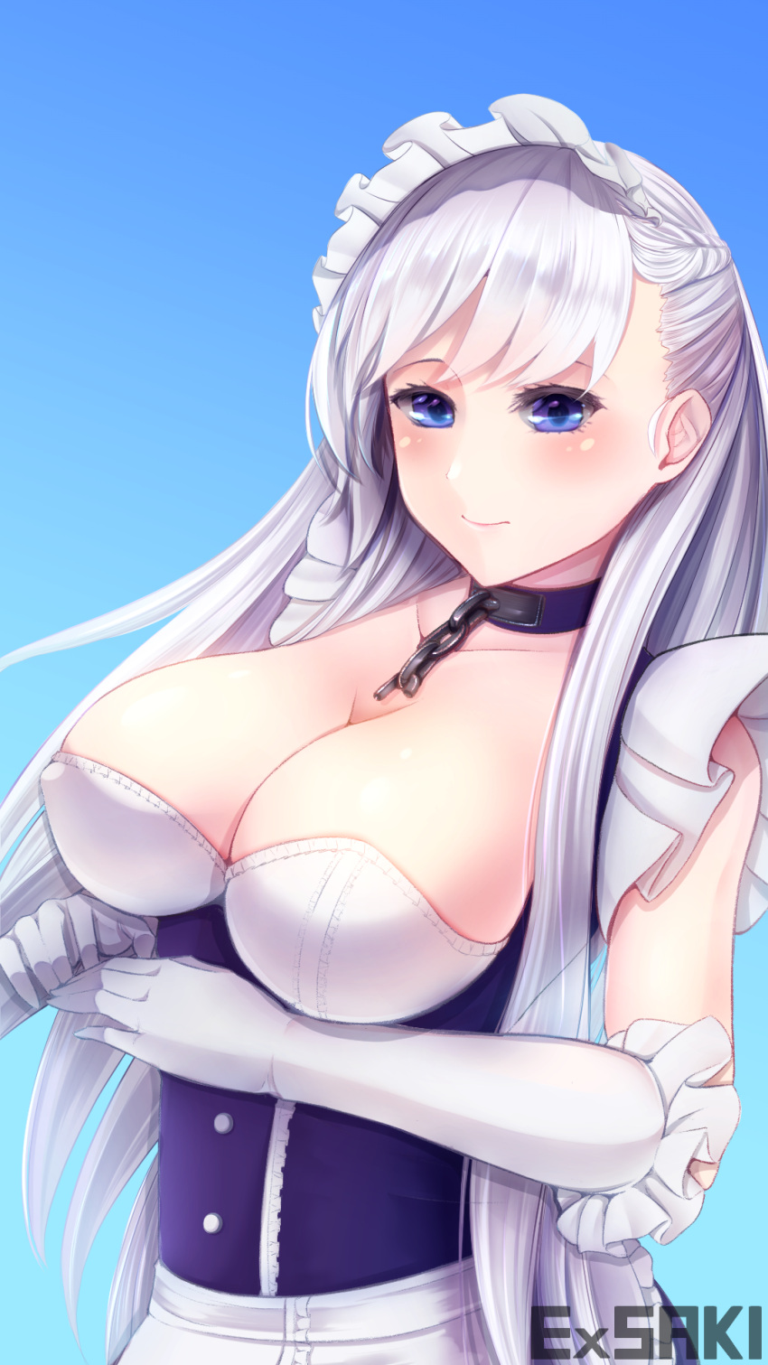 1girl apron artist_name azur_lane belfast_(azur_lane) blue_background blue_eyes breasts broken broken_chain chain choker cleavage dress ex_saki frilled_dress frills gloves highres large_breasts long_hair looking_at_viewer maid_apron maid_headdress simple_background solo waist_apron white_apron white_gloves white_hair