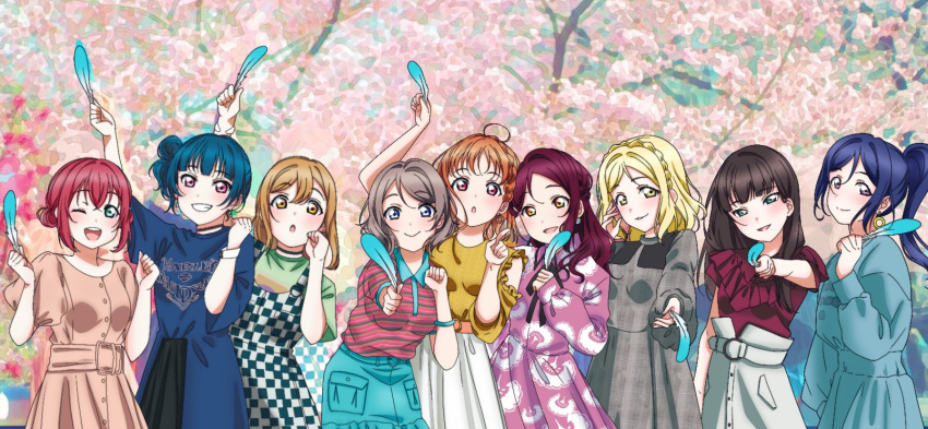 6+girls blue_feathers casual cherry_blossoms feathers friends group_picture highres idol kunikida_hanamaru kurosawa_dia kurosawa_ruby love_live! love_live!_sunshine!! matsuura_kanan mei multiple_girls ohara_mari outfits sakurauchi_riko takami_chika tsushima_yoshiko watanabe_you