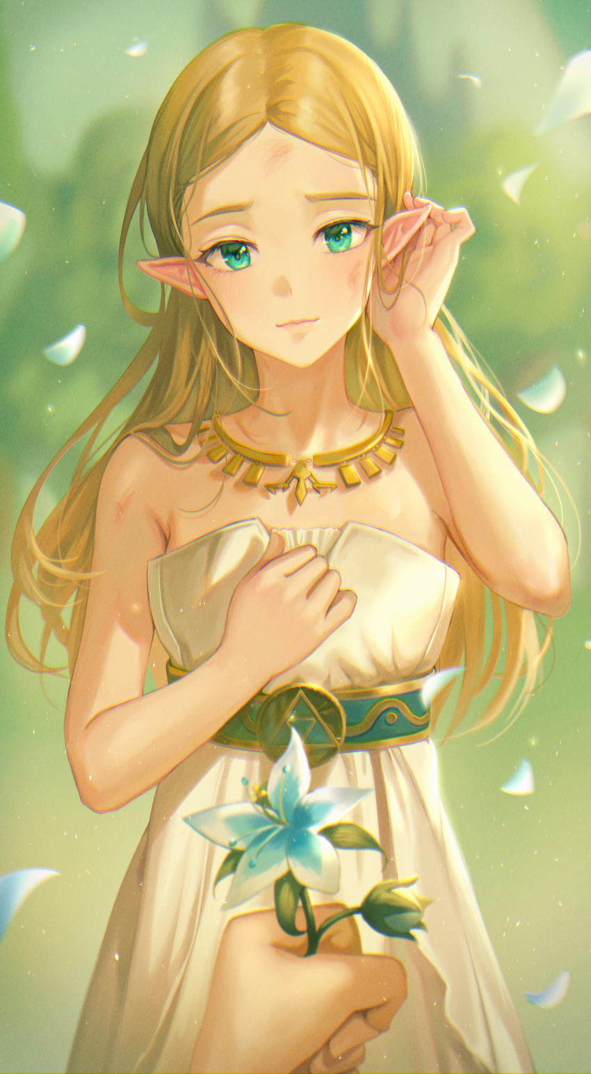 1girl absurdres adjusting_hair bare_shoulders belt blonde_hair blurry blurry_background breasts collarbone dress english_commentary flower green_eyes hair_behind_ear highres jewelry long_hair looking_at_viewer necklace petals pointy_ears pov princess_zelda smile solo_focus the_legend_of_zelda the_legend_of_zelda:_breath_of_the_wild tokkyu triforce_print white_dress white_flower