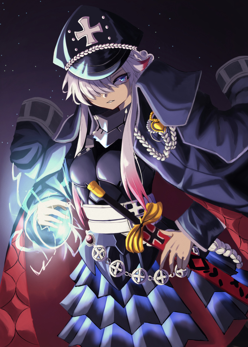 1girl absurdres armor armored_skirt azur_lane black_coat blue_eyes breastplate coat coat_on_shoulders gradient_hair hair_over_one_eye hat highres iron_cross lightning long_hair magic military_hat multicolored_hair night night_sky odin_(azur_lane) open_clothes open_coat padded_coat peaked_cap red_hair sheath sheathed sky solo sword two-tone_hair weapon white_hair zen.nico