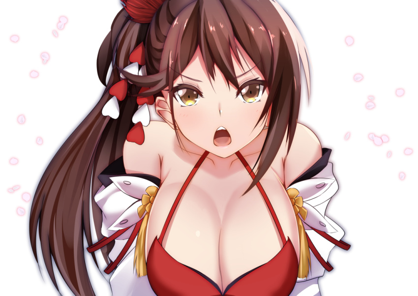 1girl azur_lane bare_shoulders breasts brown_hair cleavage dress flower hair_flower hair_ornament huge_breasts ishida_katsuzane japanese_clothes kimono leaning_forward open_mouth red_dress red_flower side_ponytail simple_background sleeveless sleeveless_dress solo white_background white_kimono yellow_eyes zuikaku_(azur_lane)