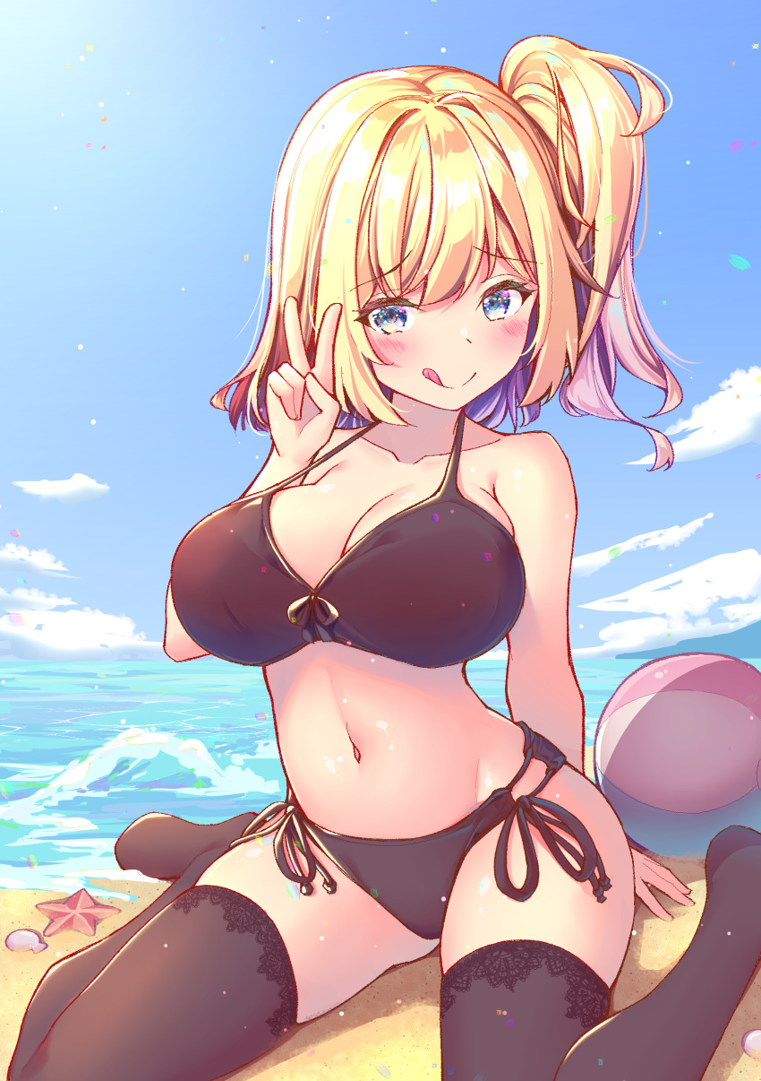 1girl :q absurdres ball beach beachball bikini black_bikini black_legwear blonde_hair blue_eyes blue_sky breasts day gradient_hair highres hikotou_(sao73cat) large_breasts looking_at_viewer multicolored_hair navel ocean original pink_hair purple_hair shell sky smile solo starfish swimsuit thighhighs tongue tongue_out v water