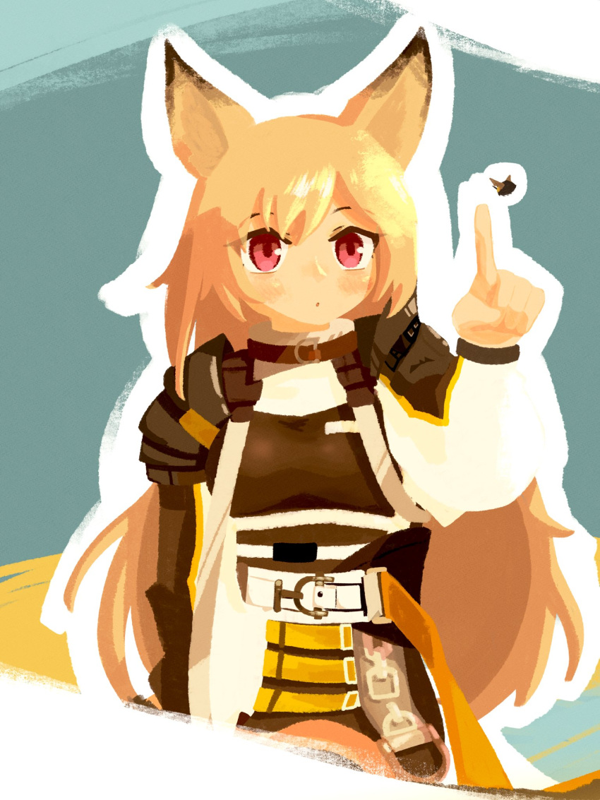 1girl animal_ears arknights armor bangs belt blonde_hair blush brown_coat bug ceobe_(arknights) coat collar dog_ears green_background highres index_finger_raised long_hair long_sleeves namekuz1paint no_outlines orange_eyes shoulder_armor simple_background solo