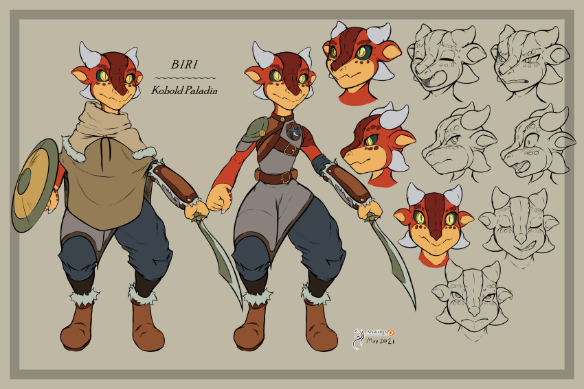 arashidrgn biri claws clothed clothing design_sheet female hi_res horn kobold model_sheet open_mouth scalie tongue