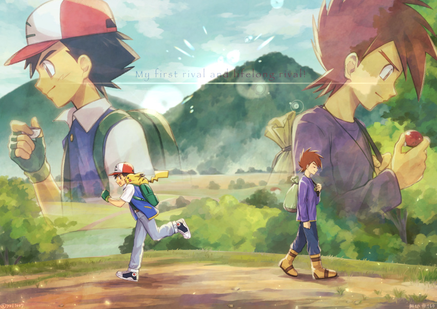 2boys ash_ketchum backpack bag baseball_cap boots brown_hair buttons closed_mouth cloud commentary_request day english_text fingerless_gloves from_side gary_oak gen_1_pokemon gloves green_bag green_gloves hat highres hill holding holding_poke_ball holding_strap jacket lens_flare male_focus multiple_boys open_clothes open_jacket outdoors pants pikachu poke_ball pokemon pokemon_(anime) pokemon_(classic_anime) pokemon_(creature) pokemon_on_back shirt shoes short_hair sky smile spiked_hair standing yoi_(207342)