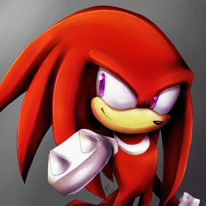 2021 anthro black_nose clothing echidna gloves grey_background hair handwear hi_res knuckles_the_echidna looking_aside male mammal minorinu monotreme purple_eyes red_body red_hair signature simple_background smile solo sonic_the_hedgehog_(series) spikes tan_body white_body