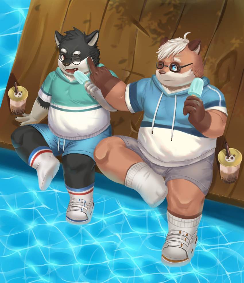 2021 aipangpangdeyua anthro black_body black_fur bottomwear canid canine canis clothing detailed_background domestic_dog duo eyewear food fur glasses hi_res hoodie humanoid_hands kemono male mammal outside overweight overweight_male popsicle shorts sitting topwear water white_body white_fur young