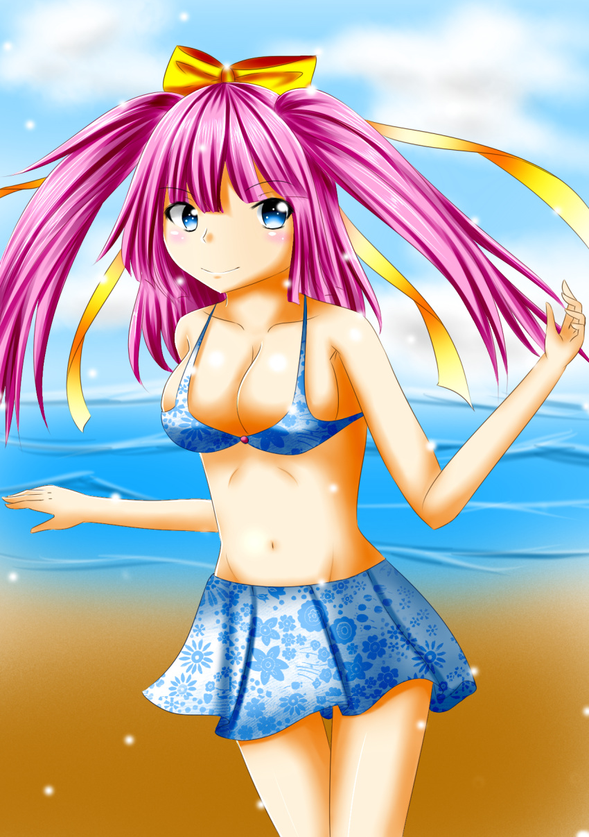 1girl beach bikini blue_eyes blue_sky breasts cleavage day highres hikotou_(sao73cat) long_hair looking_at_viewer medium_breasts ocean original pink_hair sky smile solo swimsuit twintails water