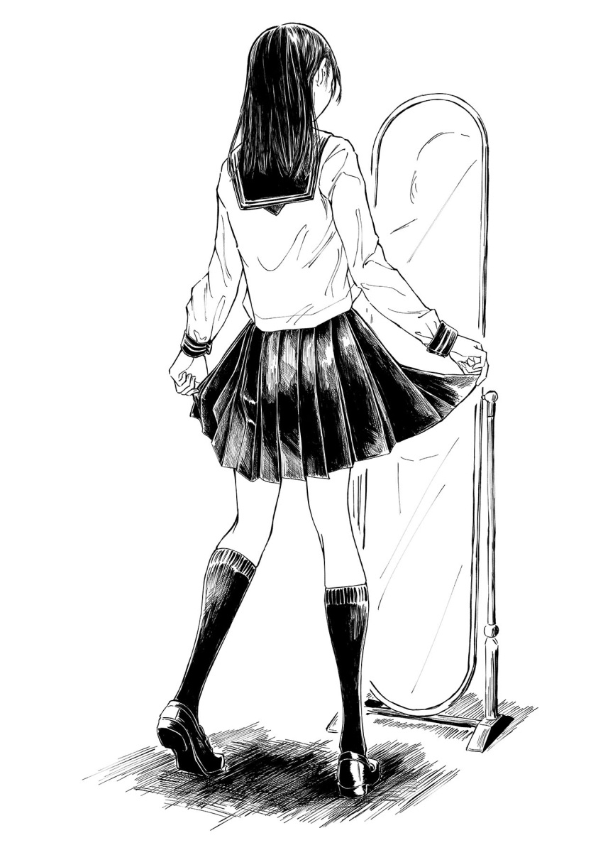 1girl commentary facing_away from_behind full_body greyscale highres hiwatari_rin loafers long_hair long_sleeves mirror monochrome original pleated_skirt school_uniform serafuku shirt shoes skirt skirt_hold socks solo white_background