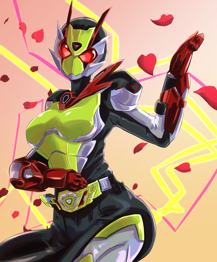1girl absurdres antennae armor bodysuit breasts commentary_request cycloneactionx gloves helmet highres is_(kamen_rider_01) kamen_rider kamen_rider_01_(series) kamen_rider_zero-two large_breasts looking_at_viewer petals red_eyes red_gloves rider_belt rose_petals solo tokusatsu