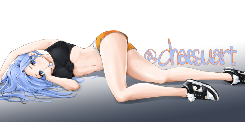 1girl arm_up armpits banned_artist bare_arms bare_legs bare_shoulders black_footwear black_shirt blue_eyes blue_hair blush breasts chaesu crop_top gradient gradient_background grey_background highres long_hair looking_at_viewer lying medium_breasts midriff minah_(chaesu) navel on_side orange_shorts original shirt shoes short_shorts shorts sneakers solo stomach thighs tied_shirt white_background