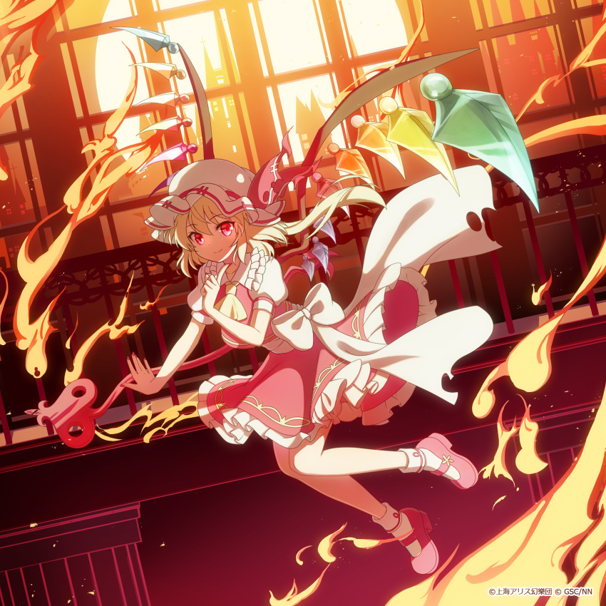 1girl adapted_costume architecture ascot bangs blonde_hair bow crystal finger_to_face fire flame flandre_scarlet floating frilled_shirt_collar frilled_skirt frills hat hat_ribbon highres indoors laevatein light_smile looking_at_viewer mob_cap one_side_up puffy_short_sleeves puffy_sleeves rainbow_order red_bow red_eyes red_skirt red_vest ribbon sakuratsuki_(sakuradukiyoru) shirt short_hair short_sleeves side_ponytail skirt skirt_set solo sunset touhou touhou_lost_word vest waist_bow white_shirt wings yellow_neckwear