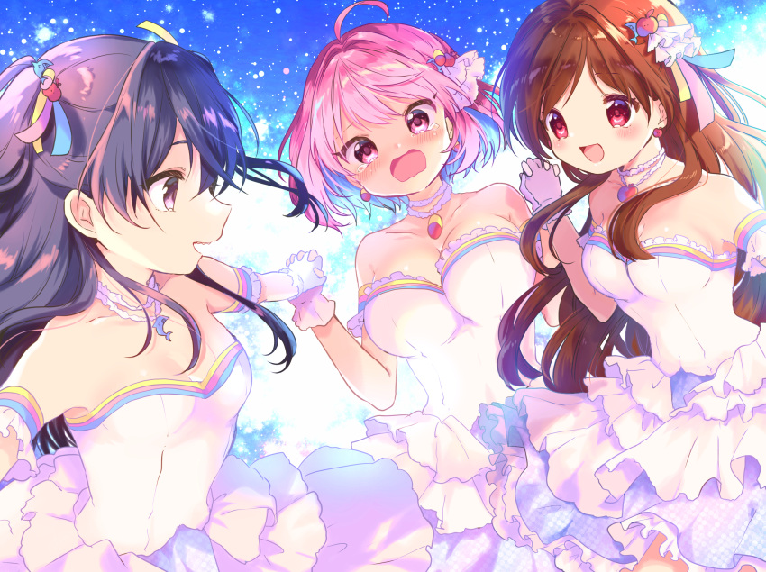 3girls aqua_hair armband black_eyes black_hair breasts brown_hair choker cinderella_dream_(idolmaster) cleavage colored_inner_hair dress frilled_dress frills gloves highres holding_hands idolmaster idolmaster_cinderella_girls interlocked_fingers jewelry kosuzume large_breasts medium_breasts multicolored_hair multiple_girls necklace open_mouth pink_eyes pink_hair red_eyes small_breasts smile strapless strapless_dress sunazuka_akira tsujino_akari two-tone_hair white_dress white_gloves yumemi_riamu