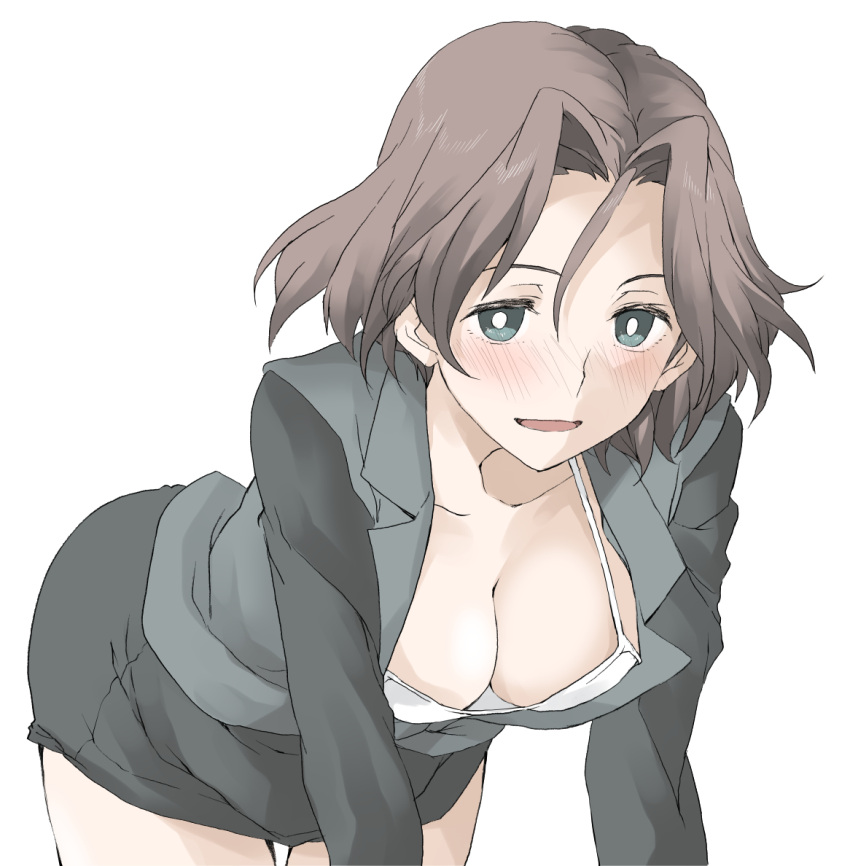 1girl azumi_(girls_und_panzer) bangs black_jacket black_skirt blue_eyes blush bra breasts bright_pupils brown_hair cleavage commentary elf_(stroll_in_the_woods) girls_und_panzer jacket leaning_forward long_sleeves looking_at_viewer military military_uniform miniskirt no_shirt open_mouth parted_bangs partially_unbuttoned pencil_skirt selection_university_military_uniform short_hair simple_background skirt smile solo textless underwear uniform white_background white_bra white_pupils