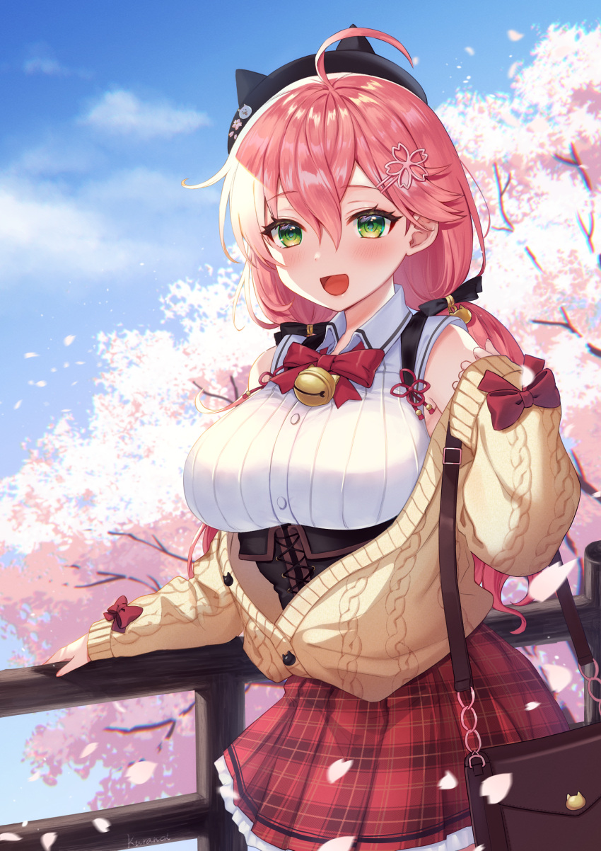 1girl :d ahoge artist_name bangs bell bow bowtie breasts cherry_blossoms cross-laced_clothes green_eyes hair_between_eyes hair_ornament highres hololive kura_noi looking_at_viewer neck_bell open_mouth outdoors petals pink_hair plaid plaid_skirt railing red_bow red_skirt sakura_miko skirt smile solo sunlight virtual_youtuber wooden_railing