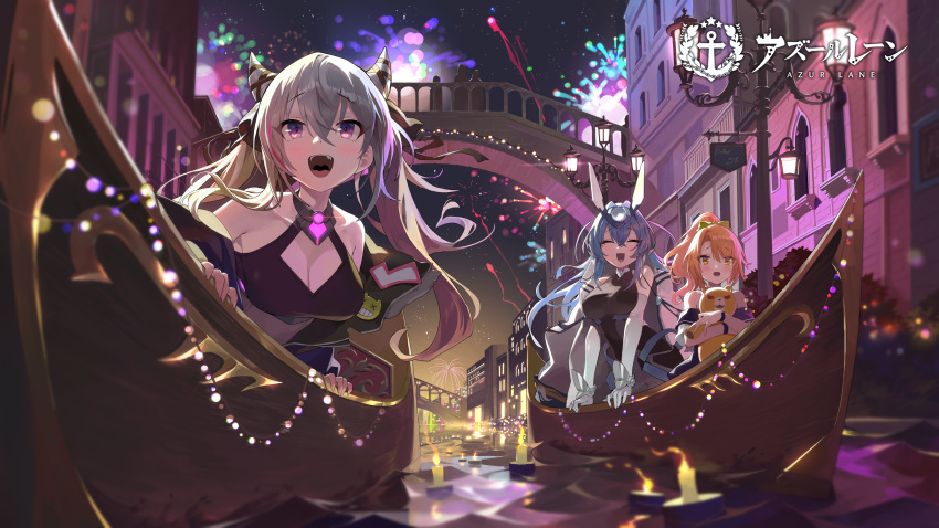 3girls absurdres azur_lane bare_shoulders blue_hair breasts bridge bsue candle cleavage cleavage_cutout closed_eyes clothing_cutout commentary_request elbow_gloves eyebrows_visible_through_hair fireworks gloves gondola grey_hair hair_between_eyes headgear highres holding holding_toy large_breasts loading_screen long_hair morrison_(azur_lane) multicolored_hair multiple_girls new_jersey_(azur_lane) official_art open_mouth orange_hair outdoors pink_hair purple_eyes san_francisco_(azur_lane) sleeveless streaked_hair stuffed_toy taut_clothes tongue toy two-tone_hair upper_teeth venezia white_gloves