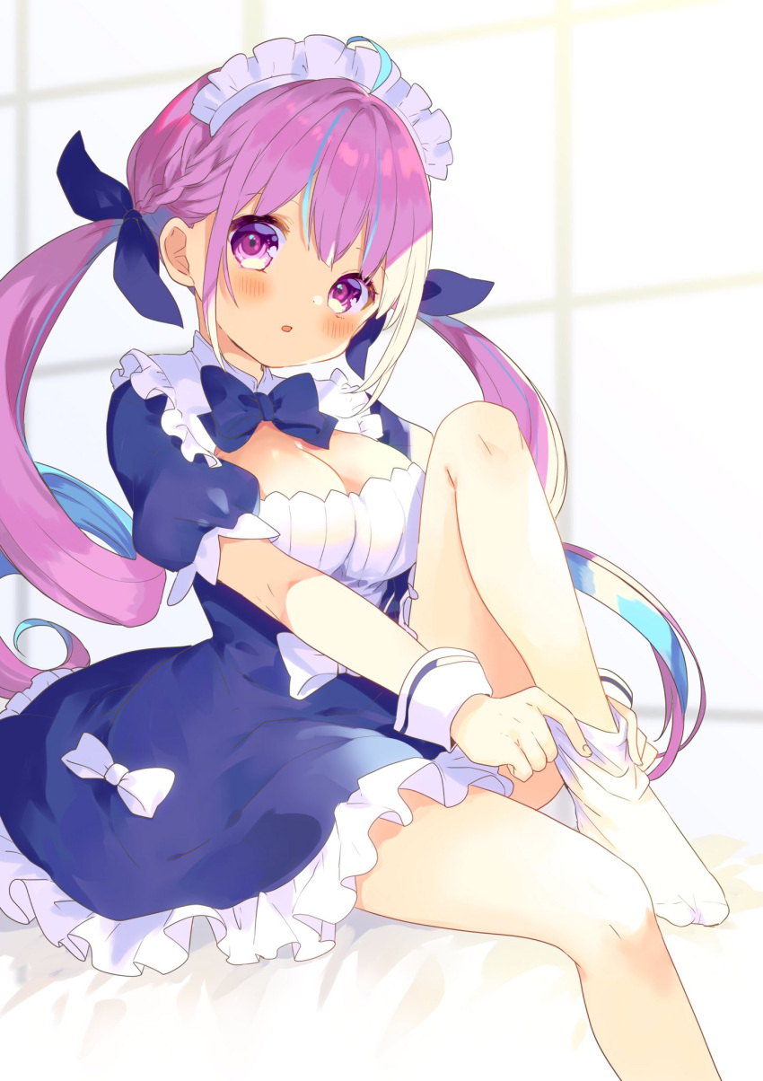 1girl adjusting_footwear ahoge aqua_hair bow breasts cleavage colored_inner_hair dress drill_hair frilled_dress frills hair_ribbon highres hololive kosuzume large_breasts maid_headdress minato_aqua multicolored_hair pink_eyes pink_hair ribbon sitting socks solo streaked_hair twin_drills two-tone_hair underbust virtual_youtuber white_legwear