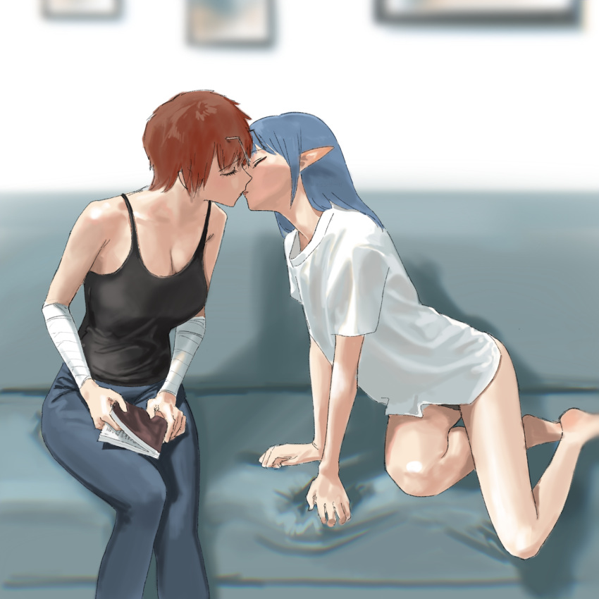 2girls bandaged_arm bandages black_tank_top blue_hair blue_pants book breasts brown_hair character_request cleavage couch dqn_saga feet_out_of_frame highres hiramedousa holding holding_book kiss large_breasts long_hair multiple_girls pants pointy_ears profile shadow shirt short_hair short_sleeves sitting tank_top white_shirt yuri