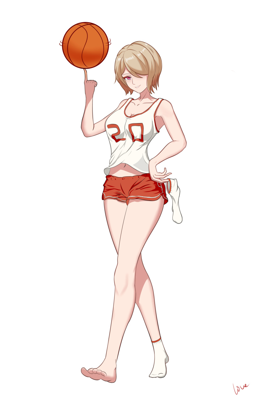 1girl absurdres barefoot basketball basketball_jersey basketball_uniform brown_hair full_body highres honkai_(series) honkai_impact_3rd live_(mfwa7572) looking_at_viewer purple_eyes rita_rossweisse short_hair shorts simple_background sleeveless socks socks_removed solo spinning sportswear walking white_background