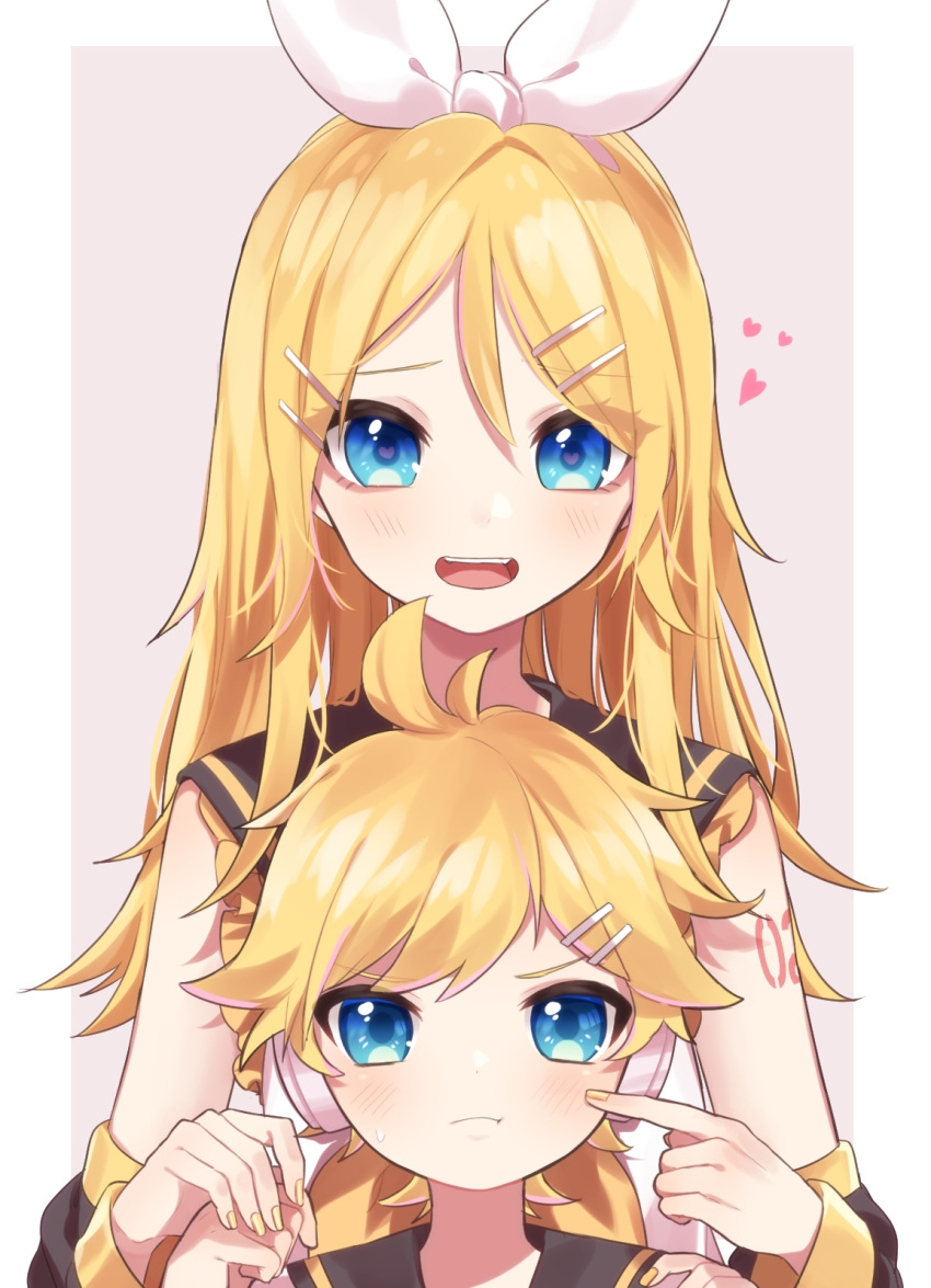 1boy 1girl ahoge bangs blonde_hair blue_eyes blush border closed_mouth commentary detached_sleeves eyebrows_behind_hair finger_to_cheek future_style_(module) hair_between_eyes hair_ornament hair_ribbon hairclip hands_on_another's_shoulders headphones heart highres kagamine_len kagamine_rin long_hair looking_at_viewer number_tattoo older open_mouth outside_border pout ribbon sailor_collar short_hair shoulder_tattoo simple_background soramame_pikuto sweatdrop tattoo upper_body upper_teeth vocaloid white_border white_ribbon