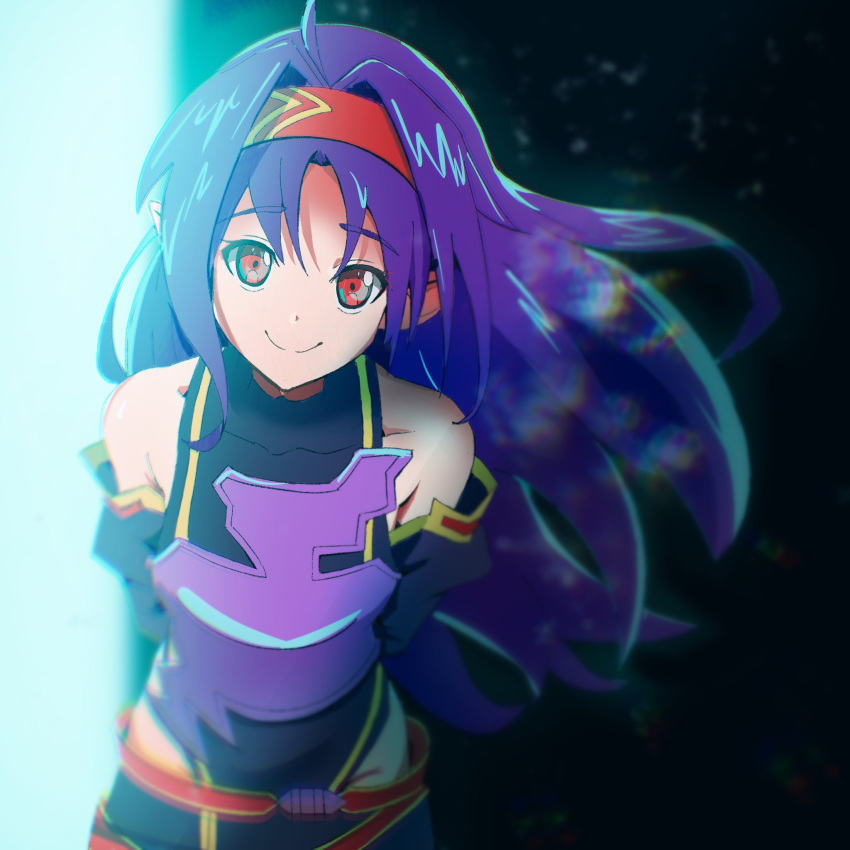 1girl ahoge armor arms_behind_back bangs bare_shoulders breastplate chreest chromatic_aberration detached_sleeves eyebrows_visible_through_hair hairband highres leotard long_hair looking_at_viewer parted_bangs pointy_ears purple_hair red_eyes red_hairband skirt smile solo sword_art_online yuuki_(sao)