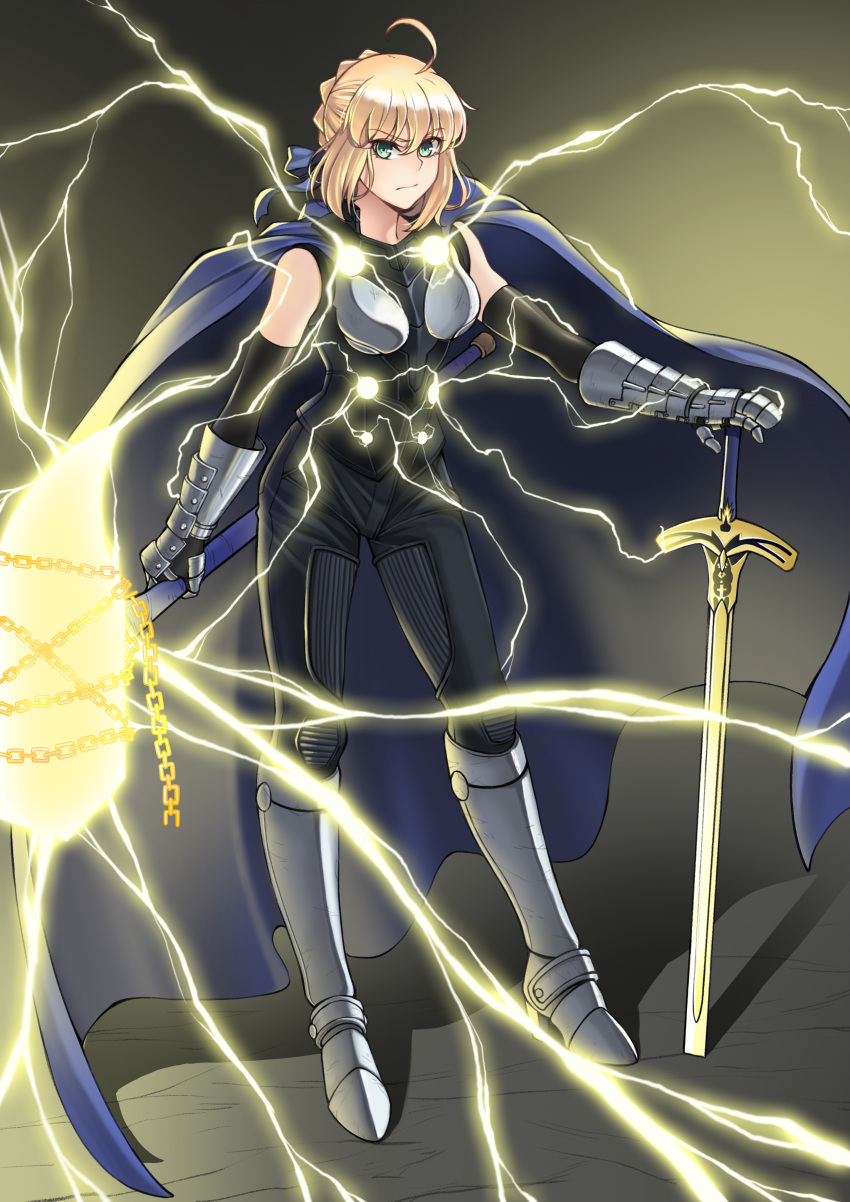 1girl absurdres ahoge armor artoria_pendragon_(fate) bare_shoulders blonde_hair caliburn_(fate) cape chain cosplay crossover elbow_gloves excalibur_(fate/stay_night) fate/stay_night fate_(series) gauntlets gloves greaves green_eyes hair_bun highres lightning marvel nanni_jjang pants planted planted_sword saber_(fate) single_hair_bun solo sword thor_(marvel) thor_(marvel)_(cosplay) weapon