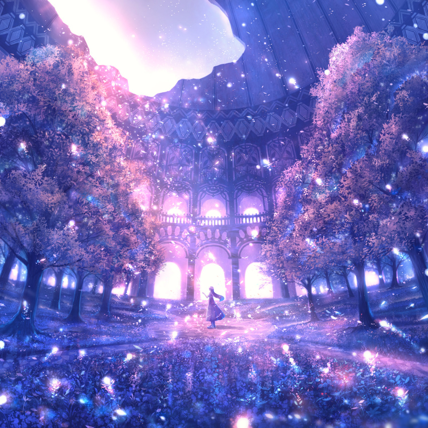 1girl album_cover backlighting cover dark dome dress fantasy fisheye flower grass hand_up highres lens_flare light light_particles light_rays long_hair original path sakimori_(hououbds) scenery shadow sky solo tree wind