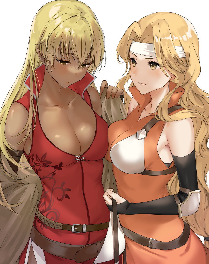 absurdres black_gloves blonde_hair blush breast_press breasts brigid_(fire_emblem) cape chest_guard cleavage commission commissioner_upload dark-skinned_female dark_skin dress elbow_gloves fingerless_gloves fire_emblem fire_emblem:_genealogy_of_the_holy_war fire_emblem:_the_binding_blade gloves haru_(nakajou-28) headband highres holding igrene_(fire_emblem) large_breasts long_hair multiple_girls red_dress skeb_commission smile yellow_eyes