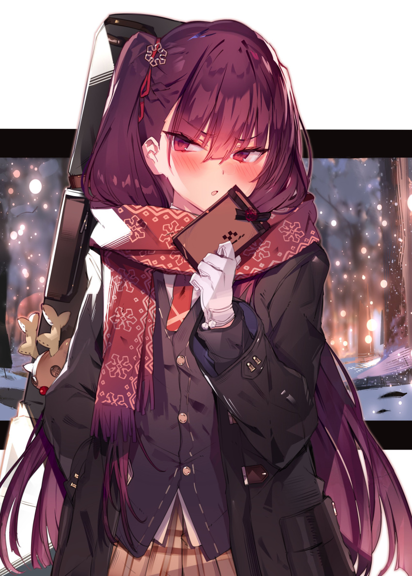 1girl absurdres blush box character_name coat commentary eyebrows_visible_through_hair gift gift_box girls_frontline gloves hair_ornament highres long_hair long_sleeves looking_at_viewer one_side_up open_mouth purple_hair red_eyes red_neckwear scarf simple_background snowflake_hair_ornament snowflake_print solo soukou_makura stuffed_animal stuffed_reindeer stuffed_toy upper_body wa2000_(girls_frontline) white_gloves