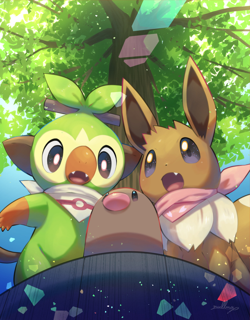absurdres bright_pupils brown_eyes commentary_request day diglett eevee fang fangs from_below gen_1_pokemon gen_8_pokemon grey_eyes grookey highres no_humans nullma open_mouth outdoors pokemon pokemon_(anime) pokemon_(creature) pokemon_swsh069 pokemon_swsh_(anime) signature tongue tree white_pupils