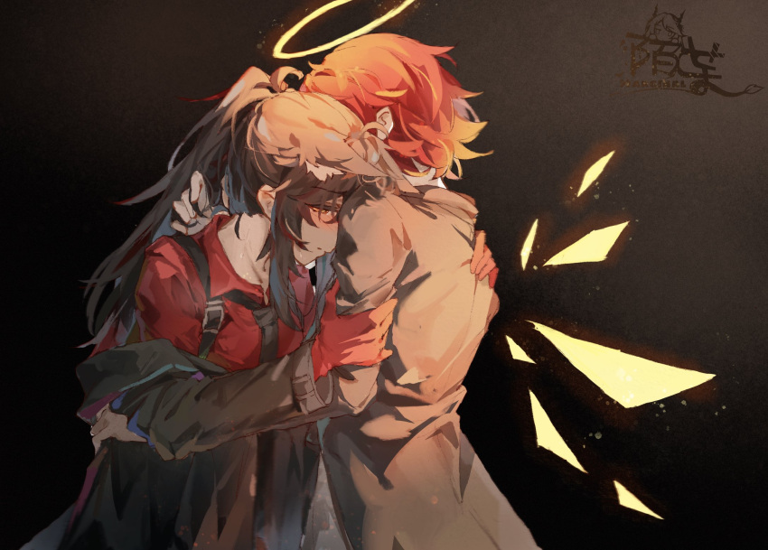 2girls animal_ear_fluff animal_ears arknights arm_grab artist_name black_background black_hair black_jacket black_neckwear brown_coat coat commentary detached_wings energy_wings extra_ears exusiai_(arknights) gloves halo highres hug jacket long_hair looking_at_another moyu_marginal multicolored_hair multiple_girls necktie official_alternate_costume open_mouth ponytail red_gloves red_hair red_shirt shirt short_hair texas_(willpower)_(arknights) two-tone_hair undressing_another upper_body wings wolf_ears yellow_eyes yuri