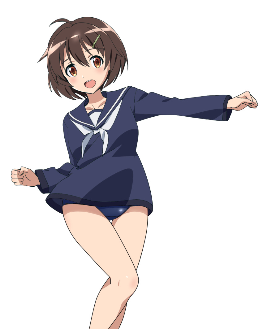 1girl anime_coloring brave_witches brown_eyes brown_hair commentary hair_ornament hairclip highres kaneko_(novram58) karibuchi_hikari open_mouth running school_swimsuit school_uniform serafuku short_hair simple_background smile solo swimsuit swimsuit_under_clothes white_background world_witches_series