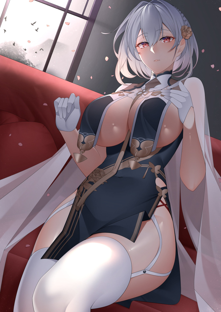 1girl absurdres azur_lane bangs braid breast_curtains breasts chichikoucha china_dress chinese_clothes cleavage couch dress eyebrows_visible_through_hair falling_petals flower garter_straps gloves hair_between_eyes hair_flower hair_ornament half_gloves highres large_breasts pelvic_curtain petals pink_eyes revealing_clothes sheer_clothes short_hair side_braid silver_hair sirius_(azur_lane) sirius_(azure_horizons)_(azur_lane) sitting thighhighs thighs white_gloves white_legwear window