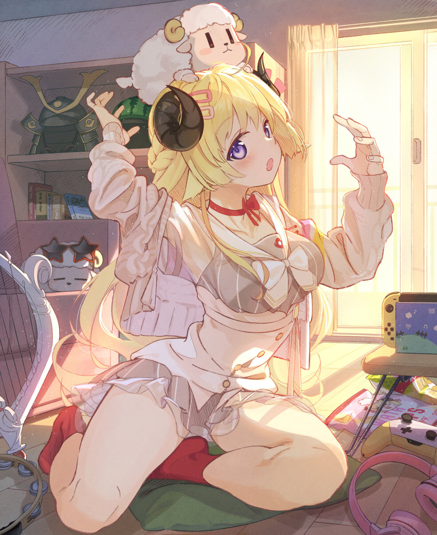 1girl absurdres ahoge animal_ears animal_on_head armor armpits arms_up bare_legs beek blonde_hair blush book braid breasts cardigan choker collarbone commentary controller curtains day dress eyebrows_visible_through_hair food french_braid frilled_dress frills fruit full_body game_controller grey_dress hair_ornament hair_ribbon hairclip harp headphones headphones_removed helmet highres hololive horns indoors instrument japanese_armor kabuto long_hair looking_at_viewer medium_breasts nintendo_switch off_shoulder official_alternate_costume on_head open_cardigan open_clothes open_mouth pink_ribbon purple_eyes red_choker red_footwear ribbon see-through see-through_sleeves sheep sheep_ears sheep_girl sheep_horns shelf short_dress snack socks solo star-shaped_eyewear striped sunglasses sunlight tambourine thighs tsunomaki_watame underbust vertical-striped_dress vertical_stripes very_long_hair virtual_youtuber watermelon window wooden_floor