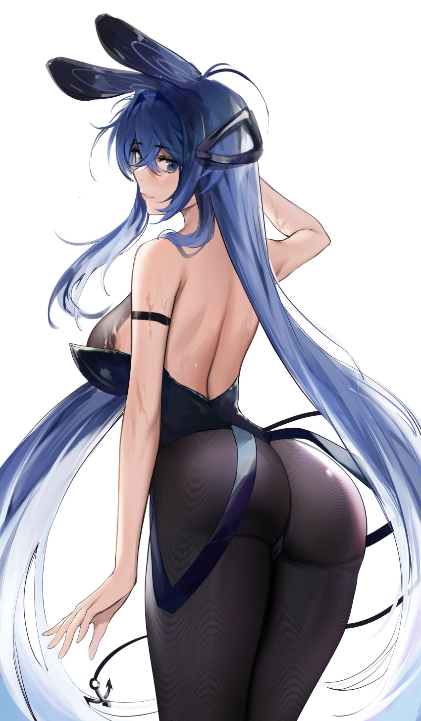 1girl absurdly_long_hair absurdres anchor_ornament animal_ears arm_strap ass azur_lane bangs bare_back bare_shoulders black_legwear black_leotard blue_eyes blue_hair breasts bunny_ears crossed_bangs eyebrows_visible_through_hair from_behind hair_between_eyes hair_intakes highres large_breasts leotard leotard_pull light_smile long_hair looking_at_viewer looking_back new_jersey_(azur_lane) new_jersey_(exhilarating_steps!)_(azur_lane) official_alternate_costume pantyhose playboy_bunny solo sweat thighs thong_leotard very_long_hair yamiiv