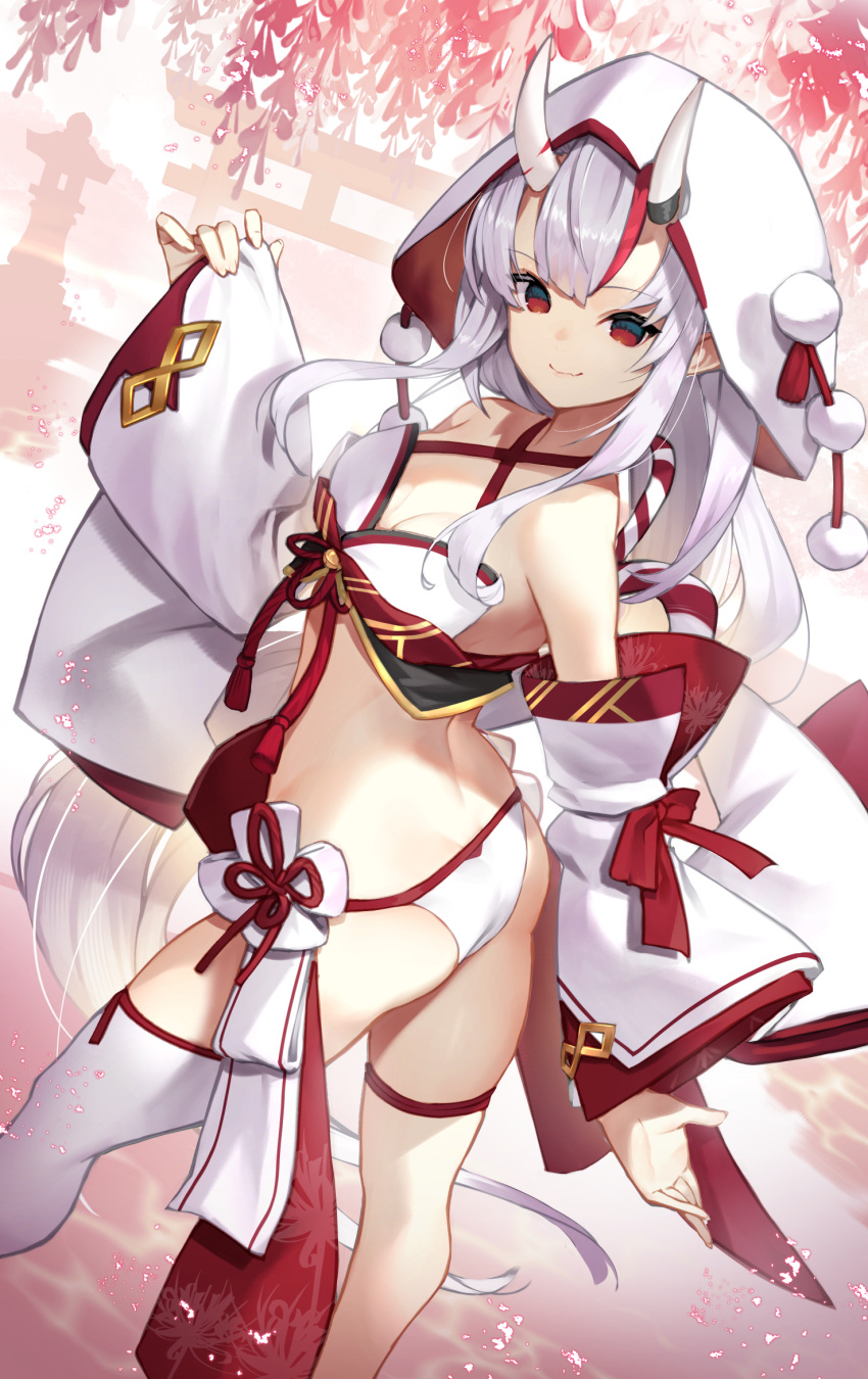 1girl bikini breasts commentary detached_sleeves eyebrows_visible_through_hair hair_between_eyes highlights highres hololive horns japanese_clothes kimono looking_at_viewer looking_back multicolored_hair nakiri_ayame oni_horns red_eyes red_hair revision single_thighhigh small_breasts smile solo sukocchi swimsuit thigh_strap thighhighs two-tone_hair uchikake virtual_youtuber white_bikini white_hair white_legwear