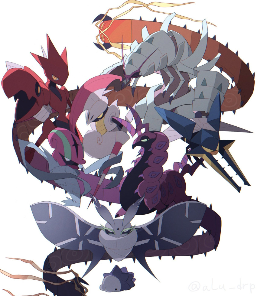 accelgor alu_drp bug centiskorch claws commentary_request escavalier frosmoth gen_2_pokemon gen_5_pokemon gen_7_pokemon gen_8_pokemon golisopod half-closed_eyes highres looking_at_viewer no_humans pincers pokemon pokemon_(creature) scizor scolipede sideways_glance snom vikavolt white_background yellow_eyes