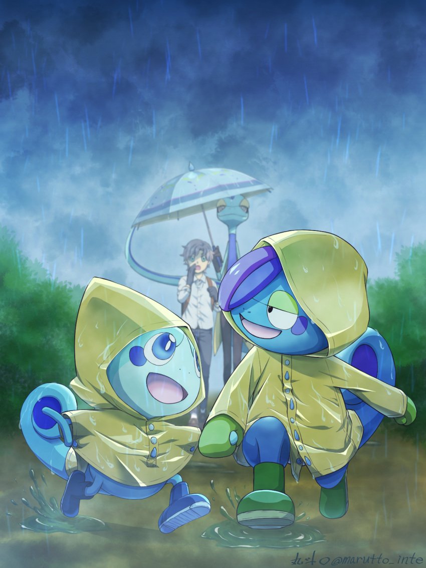 1boy :d black_gloves black_pants blue_eyes buttons clothed_pokemon cloud cloudy_sky commentary_request drizzile evolutionary_line gen_8_pokemon gloves highres holding holding_hand holding_strap holding_umbrella inteleon male_focus marutto_inte open_mouth outdoors pants pokemon pokemon_(creature) puddle rain raincoat shirt sky smile sobble splashing standing tongue umbrella yellow_raincoat