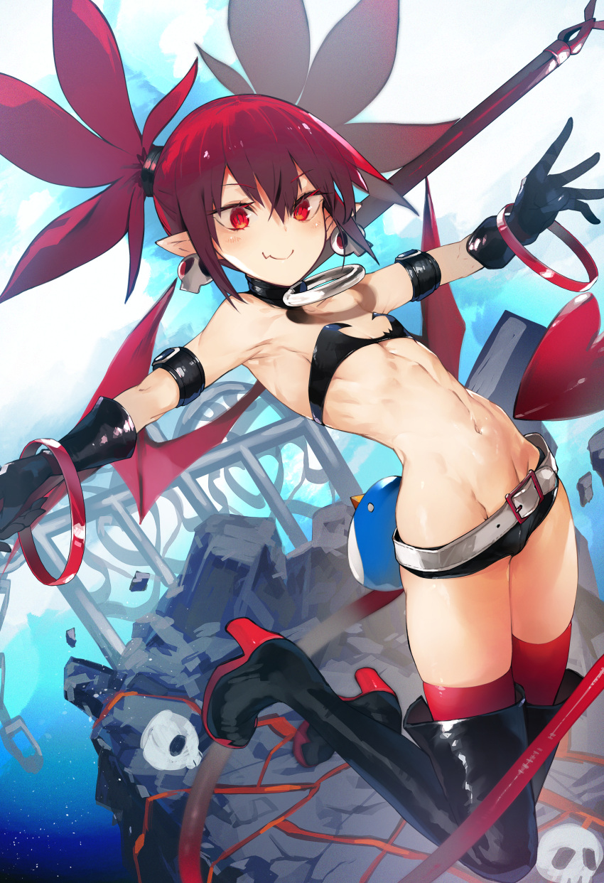1girl absurdres belt black_gloves black_shorts boots choker closed_mouth demon_girl demon_tail demon_wings disgaea earrings elbow_gloves etna fang flat_chest gloves groin high_heels highres huge_filesize jewelry looking_at_viewer makai_senki_disgaea navel nishiide_kengorou outstretched_arms pointy_ears red_eyes red_hair red_legwear red_wings short_shorts shorts skin_fang skirt skull_earrings solo stomach tail thighhighs toned twintails wings