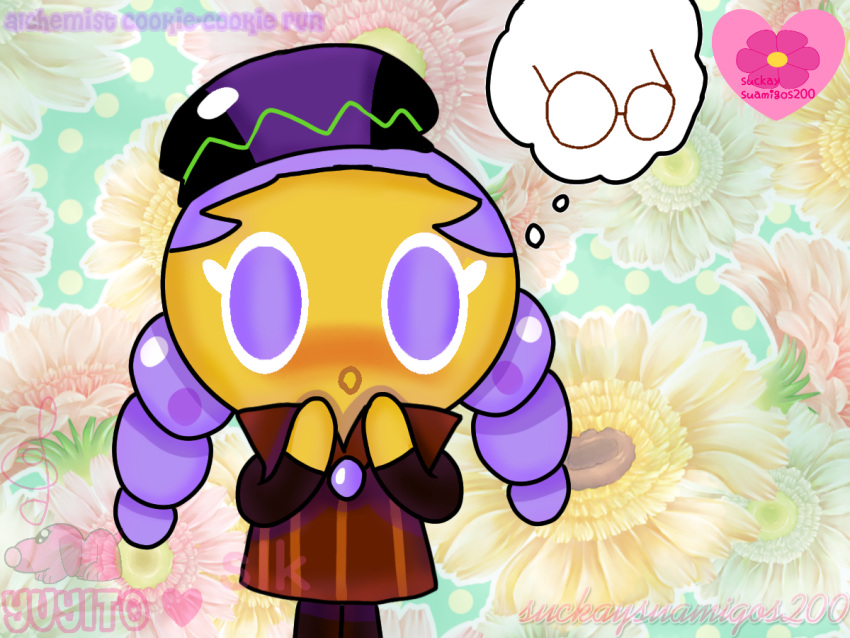 1girl :o alchemist_cookie artist_name blush braid character_name colored_skin cookie cookie_run copyright_name floral_background flower food hands_up hat heart long_hair no_humans purple_hair purple_headwear self_upload solo standing thought_bubble twin_braids watermark yellow_skin