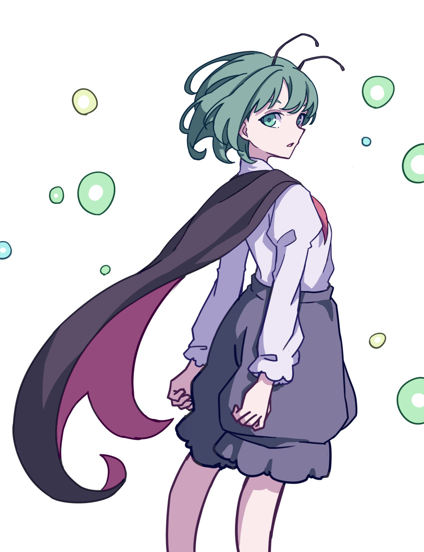 1girl absurdres antennae bangs black_cape black_shorts bug cape collared_shirt danmaku firefly flat_chest green_eyes green_hair highres insect kame_(kamepan44231) long_sleeves one-hour_drawing_challenge red_cape shirt short_hair shorts touhou two-sided_cape two-sided_fabric white_shirt wriggle_nightbug