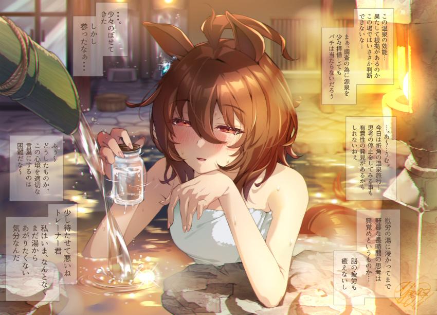absurdres agnes_tachyon_(umamusume) animal_ears bamboo bangs blurry blush breasts brown_hair depth_of_field eyebrows_visible_through_hair hair_between_eyes head_rest highres horse_ears horse_girl horse_tail in_water large_breasts long_hair medium_hair naked_towel ogino_atsuki onsen parted_lips red_eyes smile tail towel translation_request umamusume upper_body water