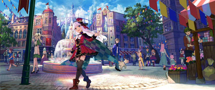 :d black_legwear blue_eyes boots brown_footwear building buttons cape castle crowd day double-breasted dress fantasy fountain fuzichoco garter_straps gold_trim hat kenja_no_deshi_wo_nanoru_kenja long_hair looking_at_viewer mira_(kenja) multiple_others open_mouth outdoors pavement peaked_cap red_dress red_headwear sideways_hat smile thighhighs town tree uniform walking white_hair zettai_ryouiki