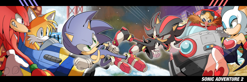 1girl 5boys animal_nose blue_eyes breasts copyright_name dr._eggman evil_grin evil_smile facial_hair furry gloves green_eyes grin highres knuckles_the_echidna multiple_boys mustache one_eye_closed purple_eyes red_eyes red_footwear rouge_the_bat shadow_the_hedgehog sharp_teeth smile sonic_(series) sonic_adventure_2 sonic_the_hedgehog space tails_(sonic) teeth tory_(tory29) white_gloves