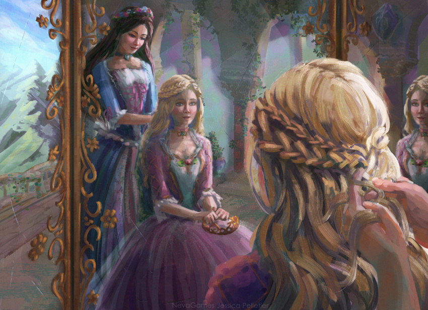 2girls anneliese_(barbie) barbie_(character) barbie_(franchise) barbie_as_the_princess_and_the_pauper barbie_movies blonde_hair blue_dress blue_eyes braid braiding_hair breasts brown_hair brush_stroke choker cleavage closed_eyes column corset crown crown_braid crown_removed dress erika_(barbie) floral_print flower formal from_behind gown hair_flower hair_ornament hairdressing hands hands_on_lap head_wreath highres long_hair medieval mirror mountain multiple_girls nevagames painted photoshop_(medium) pillar pink_dress pink_ribbon plant playing_with_another's_hair princess princess_and_the_pauper reflection renaissance ribbon rose smile square_neckline tiara vines yuri
