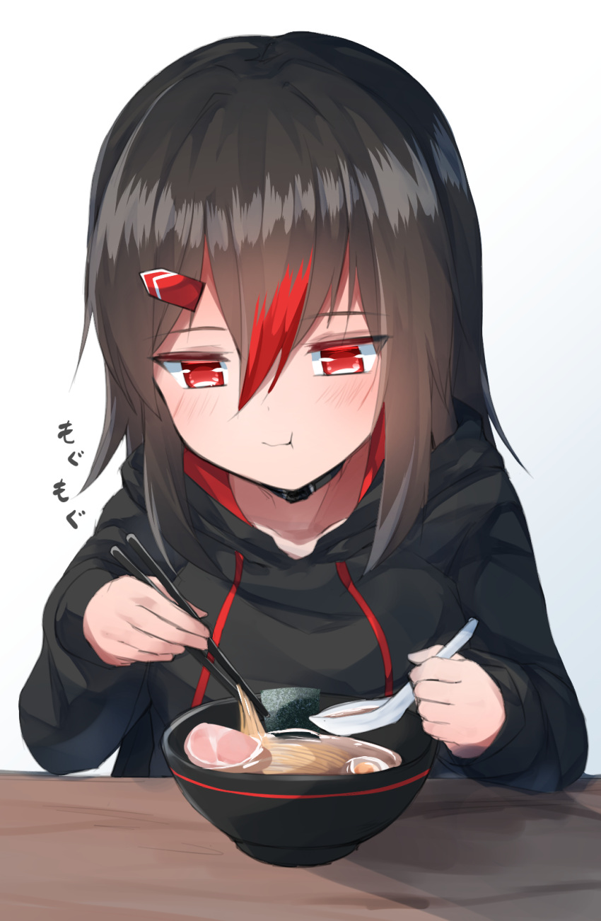 1girl black_hair black_hoodie bowl chopsticks eating egg food highlights highres holding holding_chopsticks hood hood_down hoodie kurousagi_tetora long_sleeves meat multicolored_hair noodles original ramen red_eyes red_hair spoon