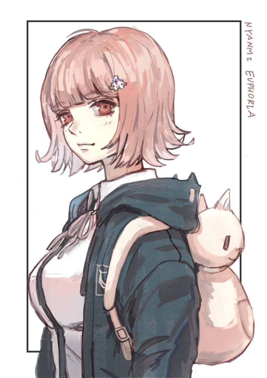 1girl absurdres animal_bag artist_name backpack bag bangs black_jacket black_shirt blush breasts brown_eyes brown_hair cat_bag collared_shirt danganronpa_(series) danganronpa_2:_goodbye_despair eyebrows_visible_through_hair flipped_hair from_side hair_ornament hairclip highres hood hood_down huge_filesize jacket large_breasts long_sleeves looking_at_viewer medium_hair nanami_chiaki neck_ribbon pink_hair ribbon ringovalent shirt solo two-tone_shirt upper_body white_background