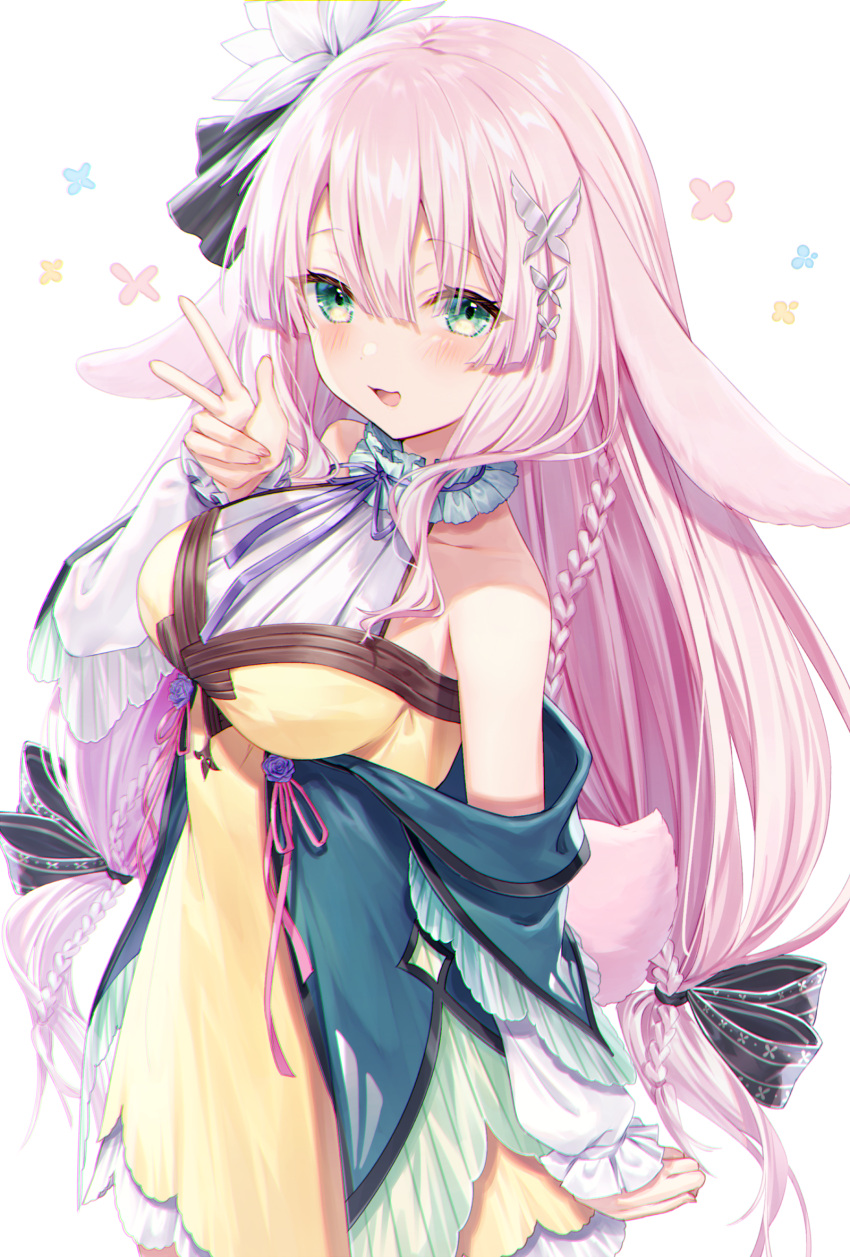 1girl :d animal_ears bangs bare_shoulders black_bow blue_jacket blush bow braid breasts butterfly_hair_ornament commentary_request dress eyebrows_visible_through_hair flower green_eyes hair_between_eyes hair_bow hair_flower hair_ornament hand_up highres jacket long_hair long_sleeves looking_at_viewer medium_breasts off_shoulder open_clothes open_jacket open_mouth pink_hair puffy_long_sleeves puffy_sleeves purple_flower purple_rose rose shirt simple_background sleeves_past_wrists smile solo tsukito_hana v very_long_hair virtual_youtuber wactor_production white_background white_flower white_shirt yellow_dress yuya_(night_lily)